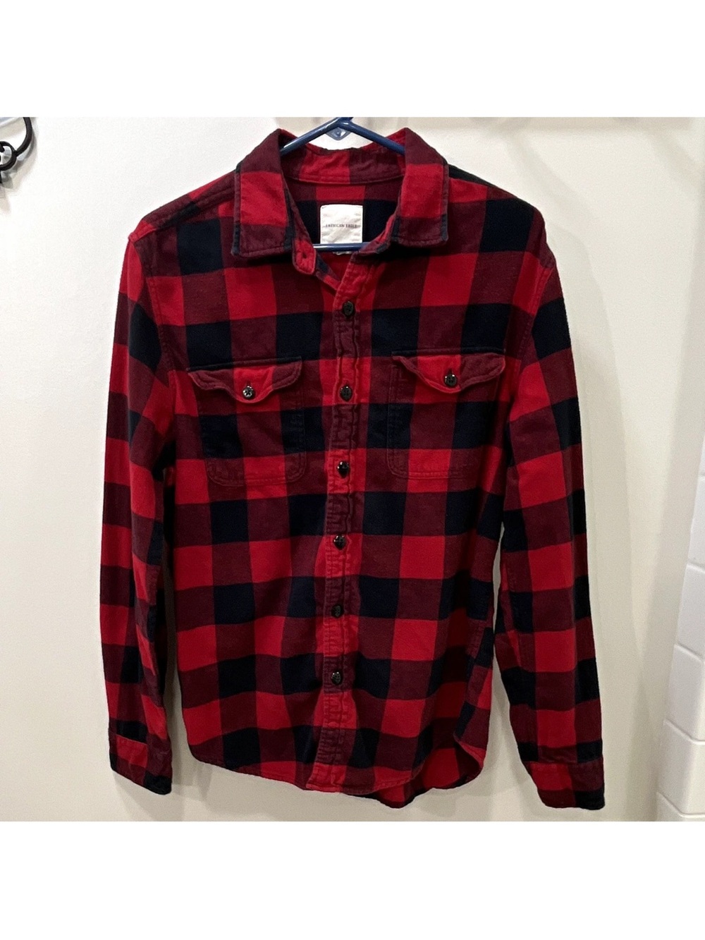 American Eagle Outfitters Red and Black Plaid Button-Down Shirt